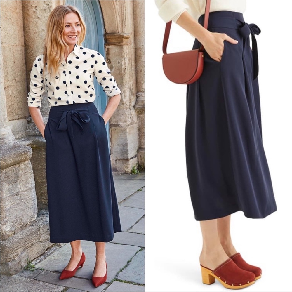 Boden Becky Navy Tie Waist Midi Skirt Size 12